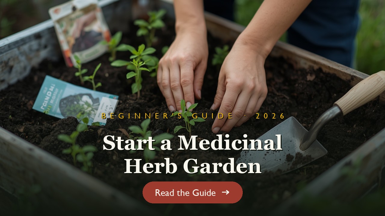 Beginner's hands planting medicinal herb seedlings in a raised bed