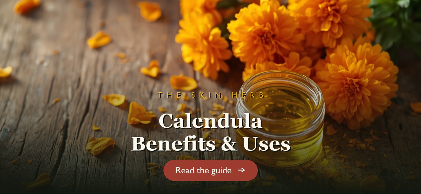 Bright orange calendula flowers with a jar of calendula oil on a wooden table