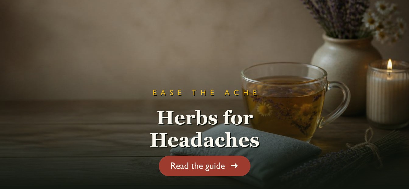 A lavender and chamomile headache-relief tea with a cool compress on a wooden table