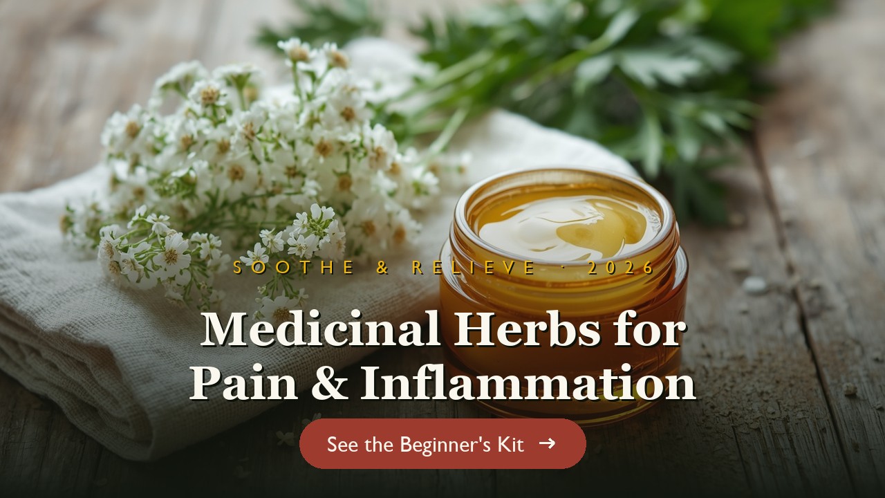 Herbal compress and salve with yarrow flowers on a wooden table