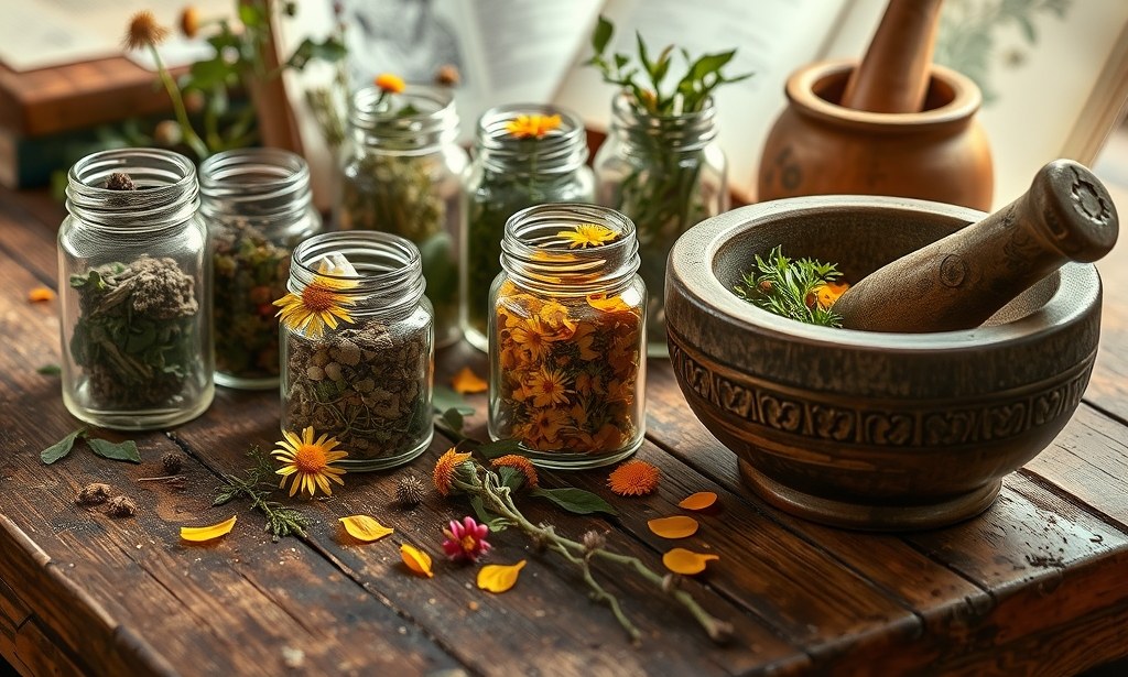Apothecary table with dried medicinal herbs in jars and a mortar and pestle